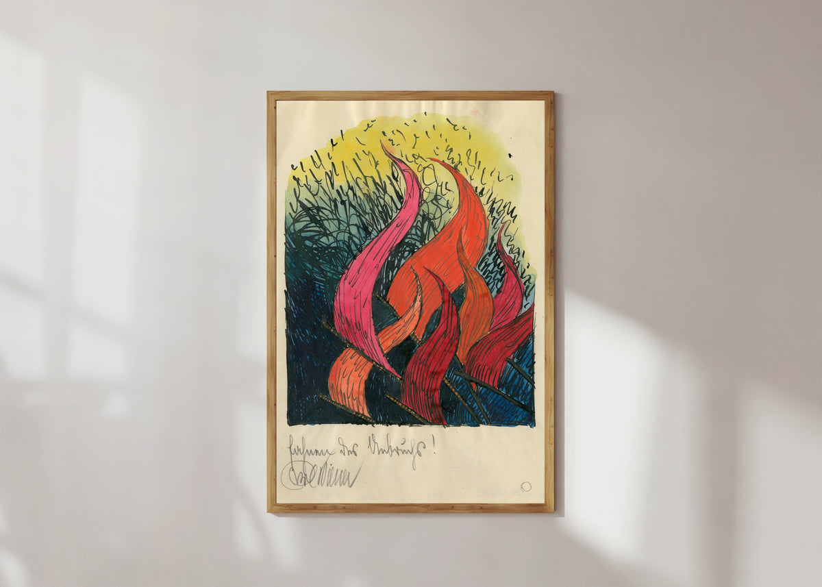 Framed art print of Fahnen des Umbruchs (Banners of Upheaval) by Karl Wiener, in a light wood frame on a sunlit white wall