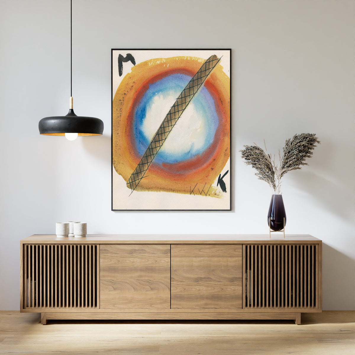 Framed art print of From My Life No. 17 by Karl Wiener, above a slatted wood sideboard
