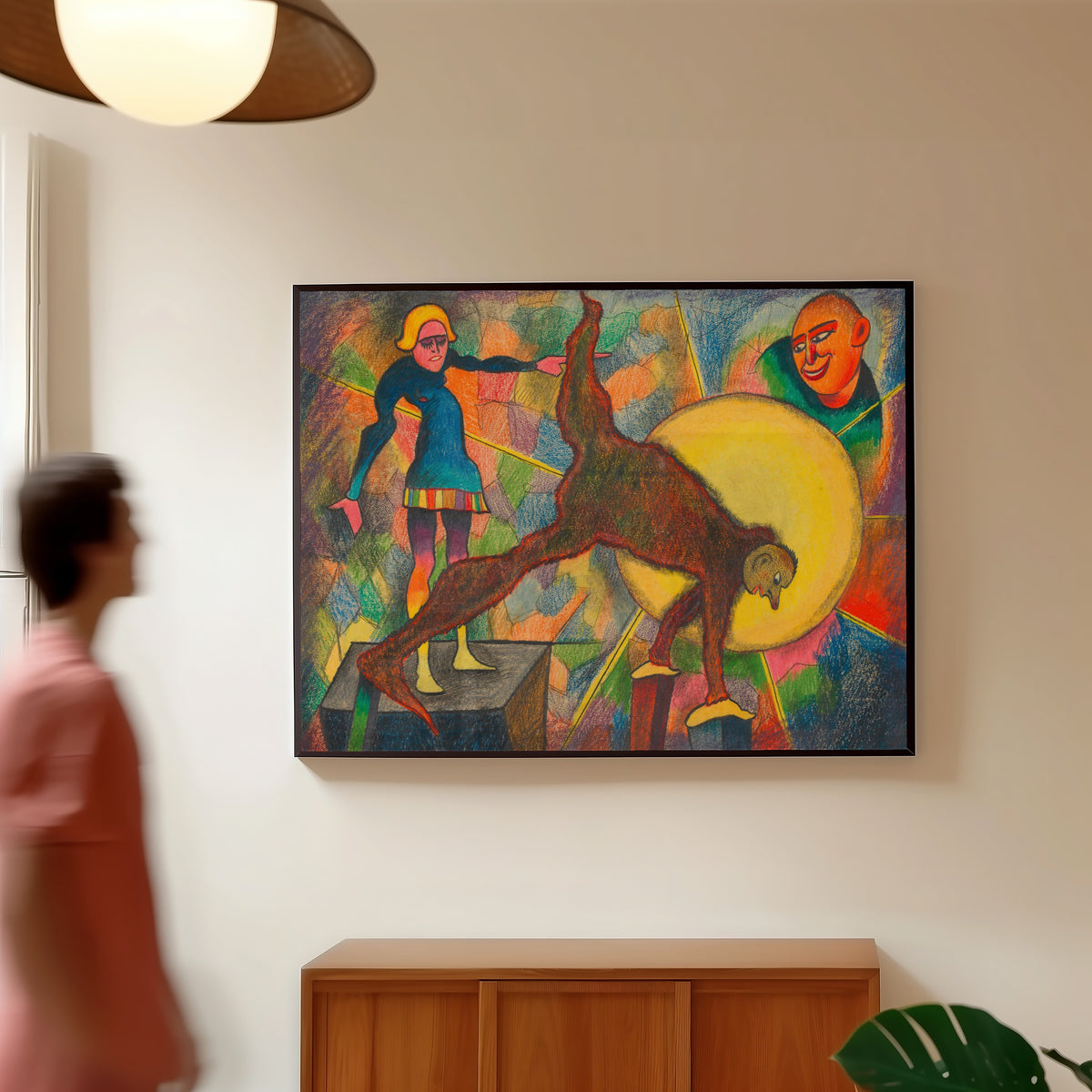 Framed art print of Groteske (Grotesque) by Karl Wiener, in a slim black frame on a warm wall in a sunlit room