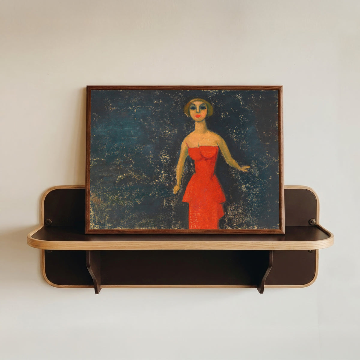 Framed art print of Halbwelt (Demimonde) by Karl Wiener, in a dark wood frame resting on a wall shelf