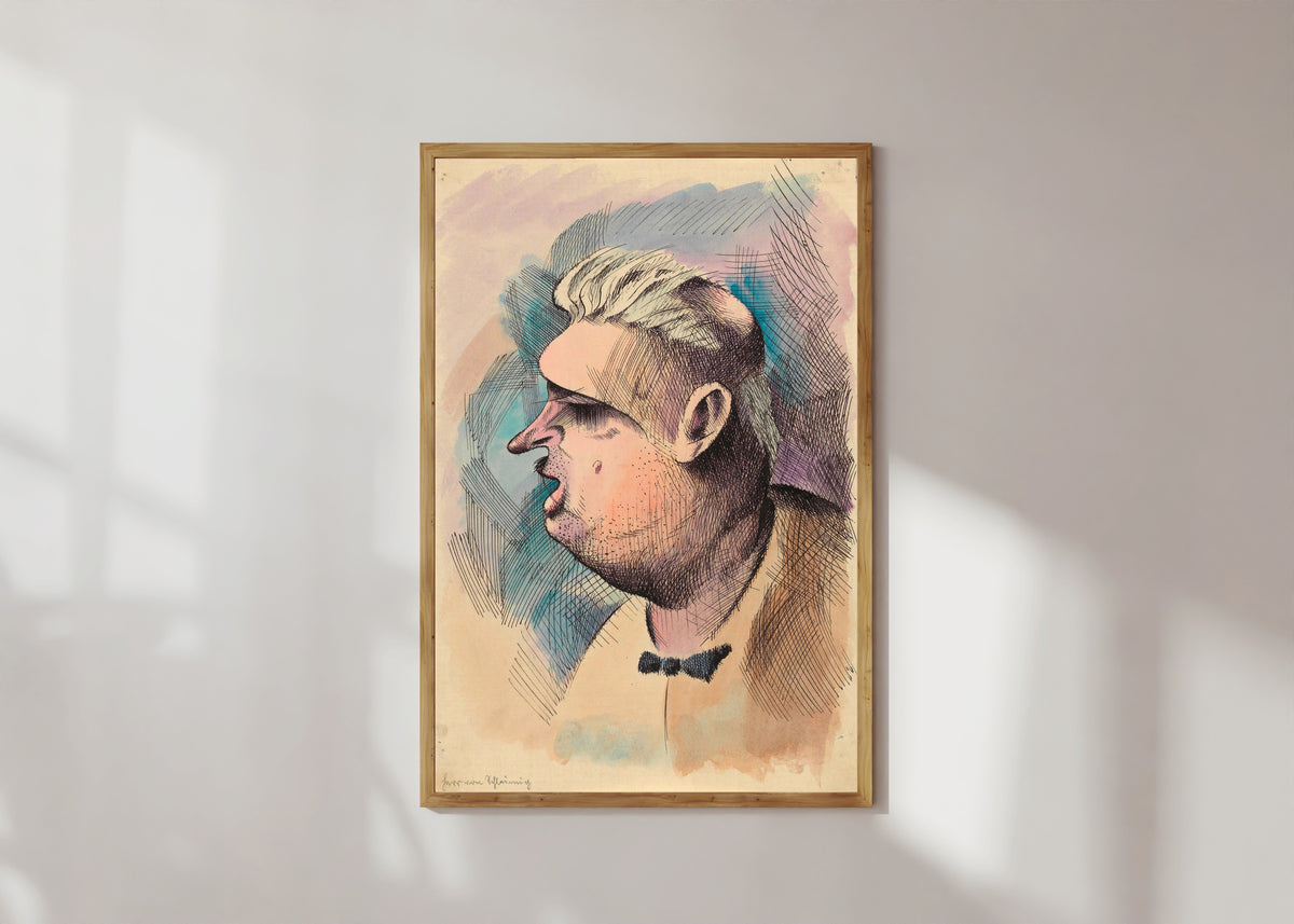 Framed art print of Herr von Schleimig (Mr von Slimy) by Karl Wiener, in a light wood frame on a sunlit white wall