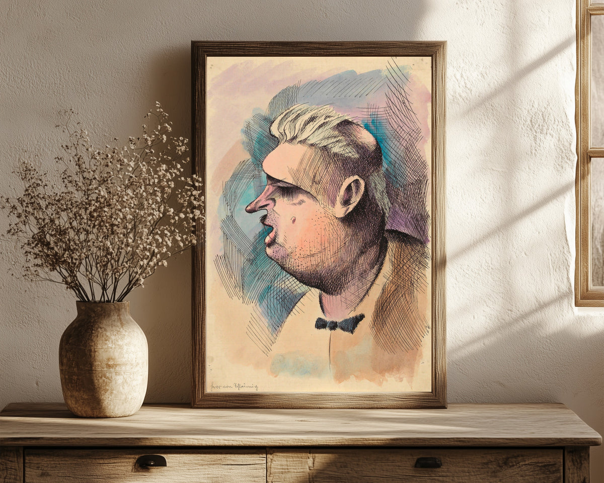 Framed art print of Herr von Schleimig (Mr von Slimy) by Karl Wiener, in a dark wood frame leaning on a rustic console beside dried flowers