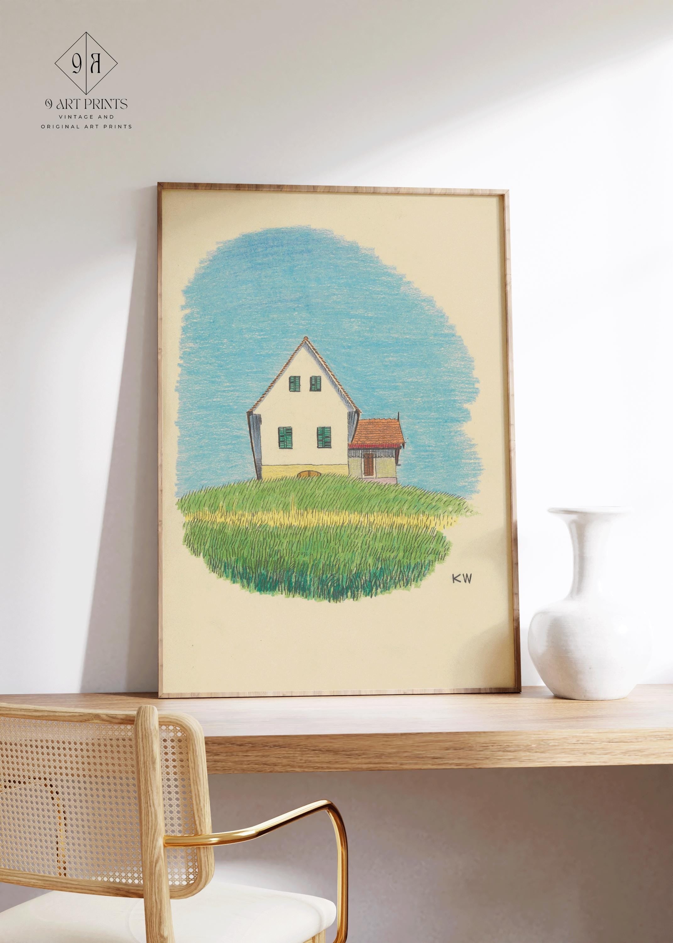 Karl Wiener - House in Meadow | Charming Minimalistic Cartoon Style Illustration Art (available handframed or unframed) - 9ArtPrints