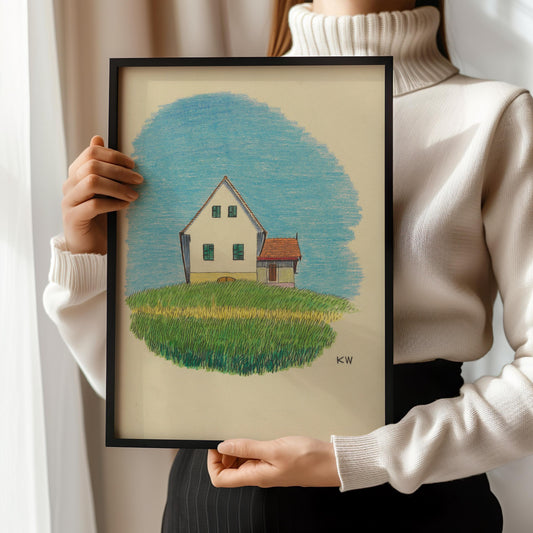 Karl Wiener - House in Meadow | Charming Minimalistic Cartoon Style Illustration Art (available handframed or unframed) - 9ArtPrints