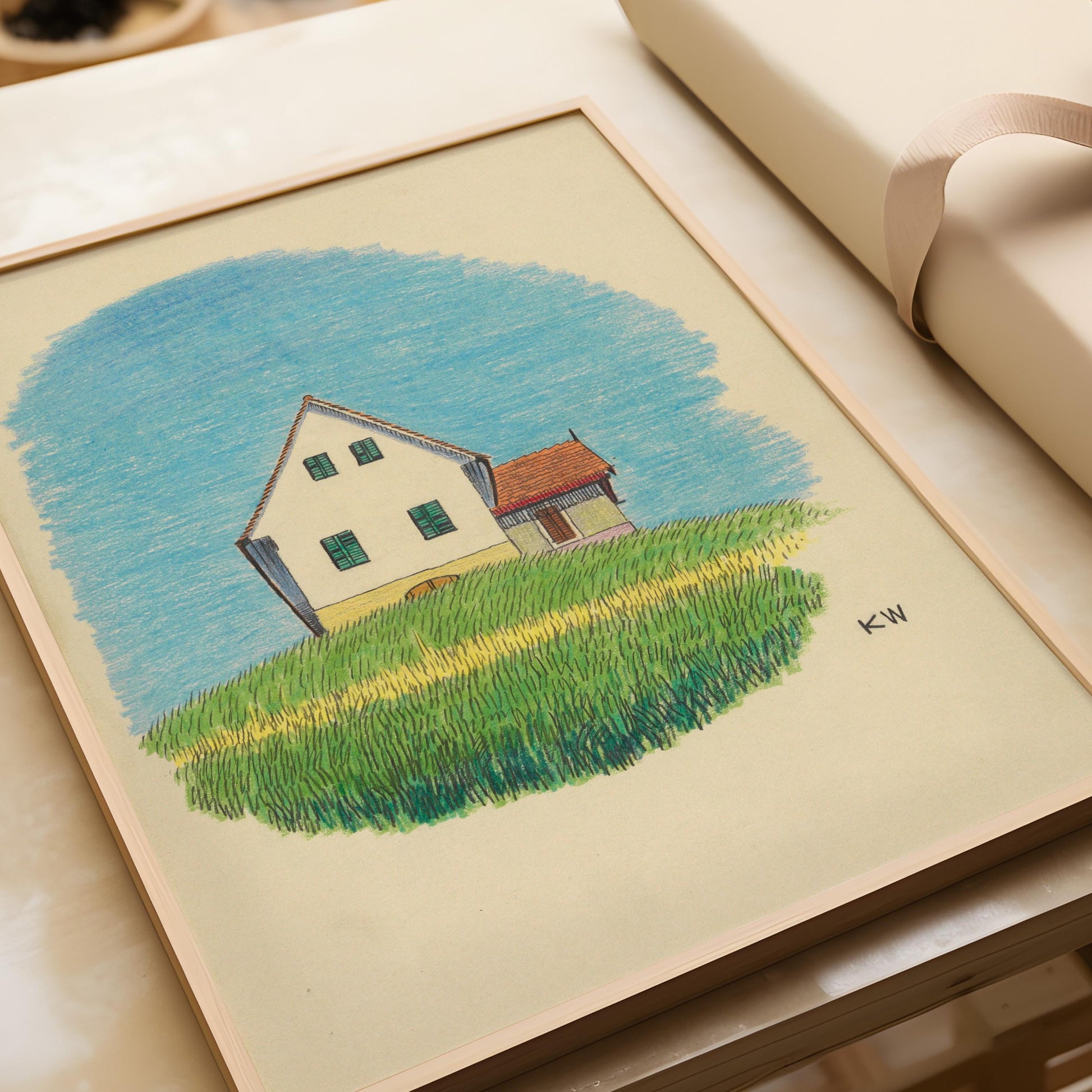 Karl Wiener - House in Meadow | Charming Minimalistic Cartoon Style Illustration Art (available handframed or unframed) - 9ArtPrints