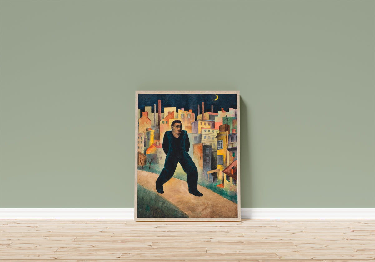 Framed art print of In Memoriam Trakl by Karl Wiener, in a light wood frame leaning on a sage green wall above a wooden floor