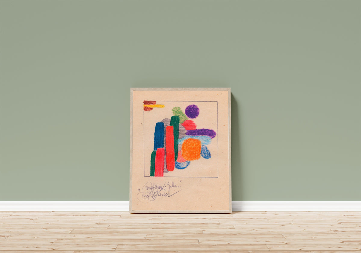 Framed art print of Komposition: Zellen (Composition: Cells) by Karl Wiener, in a light wood frame leaning on a sage green wall above a wooden floor