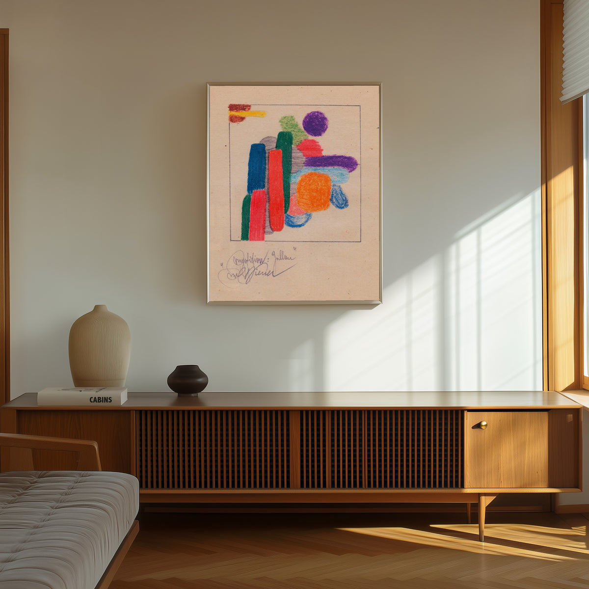 Framed art print of Komposition: Zellen (Composition: Cells) by Karl Wiener, in a thin light frame on a sunlit wall above a wooden sideboard