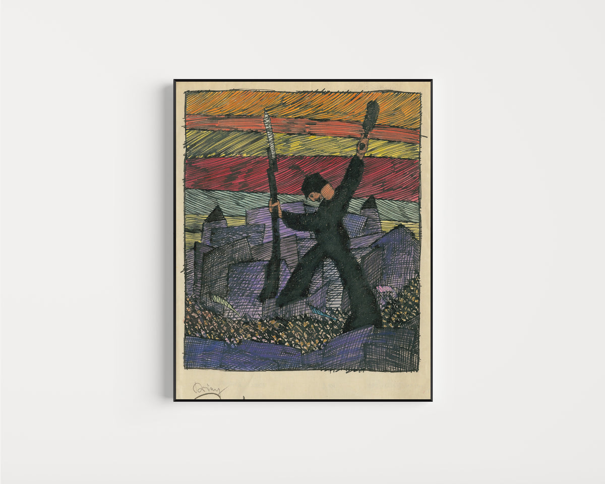 Framed art print of Krieg (War) by Karl Wiener, in a slim black frame on a plain white wall