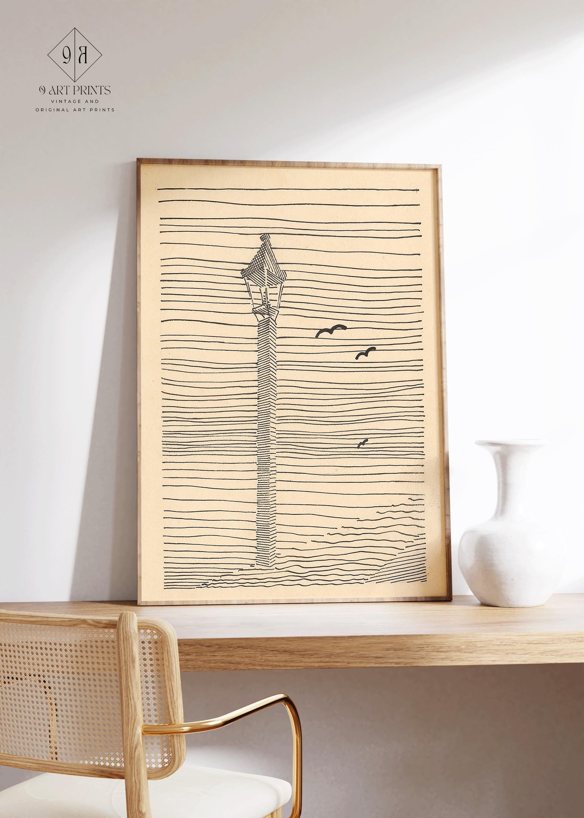 Karl Wiener - Lantern and Three Birds | Minimalist Beige Sketch Art (available handframed or unframed) - 9ArtPrints