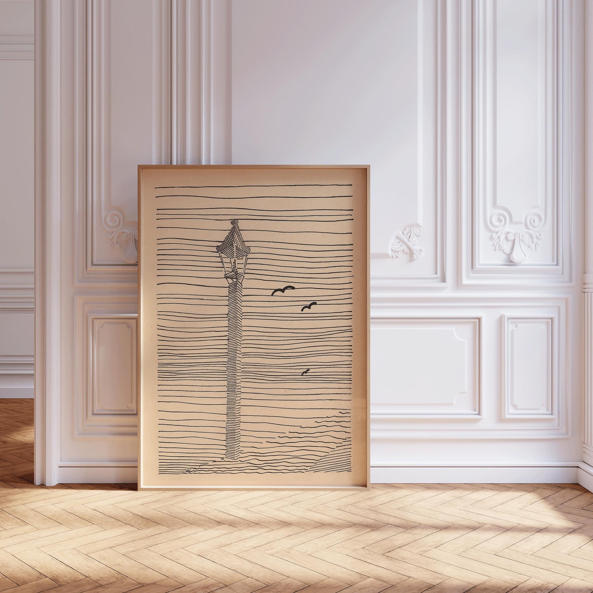 Karl Wiener - Lantern and Three Birds | Minimalist Beige Sketch Art (available handframed or unframed) - 9ArtPrints