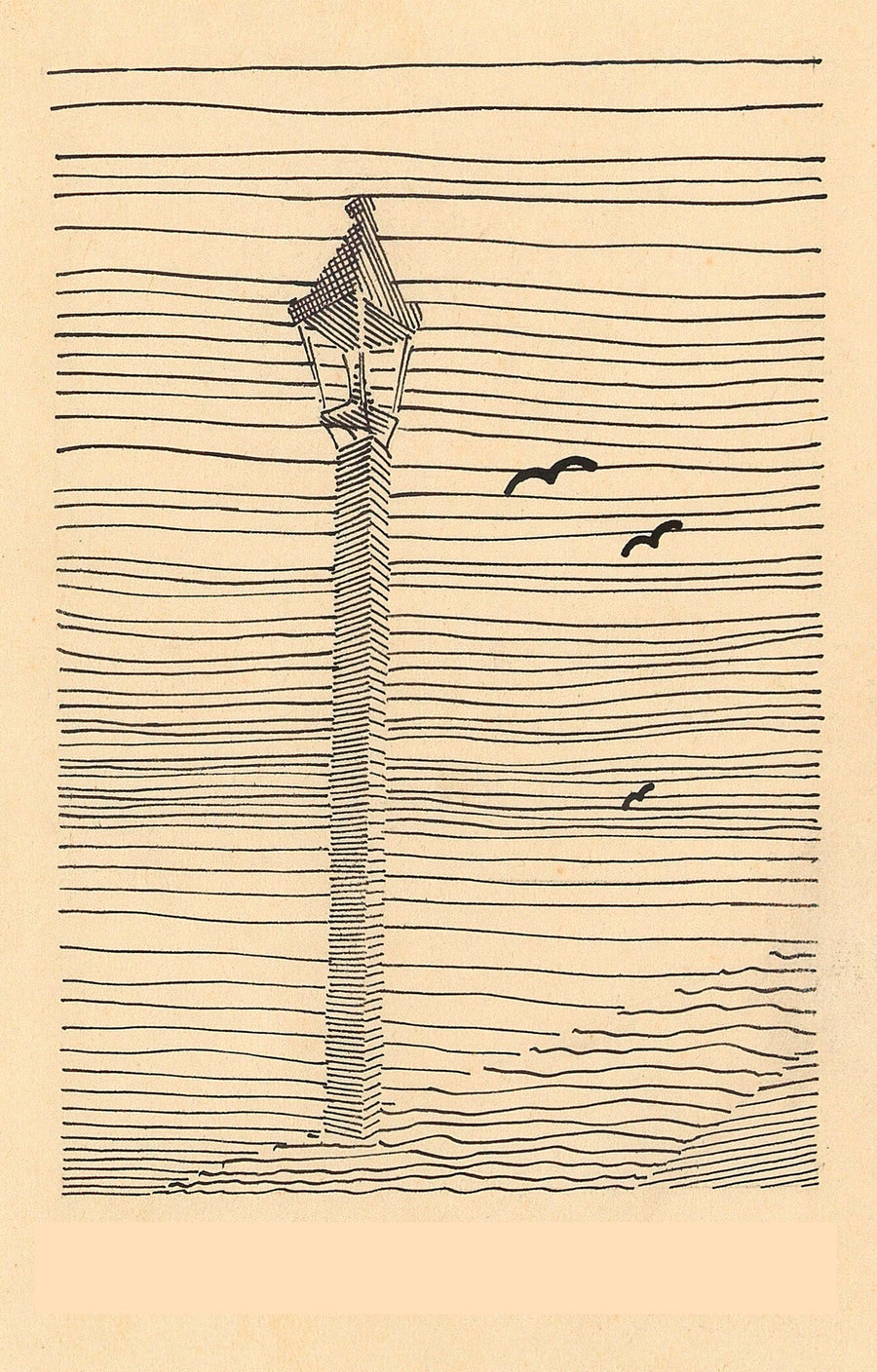 Karl Wiener — Lantern and Three Birds | Modernist Sketch Print shown to scale on a wall above a sofa