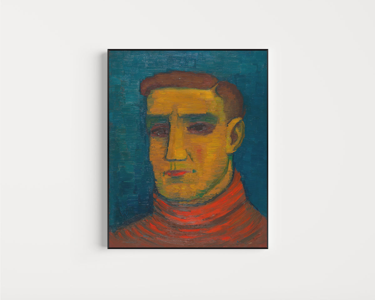 Framed art print of Männliches Porträt (Male Portrait in a Red Sweater) by Karl Wiener, in a slim black frame on a plain white wall