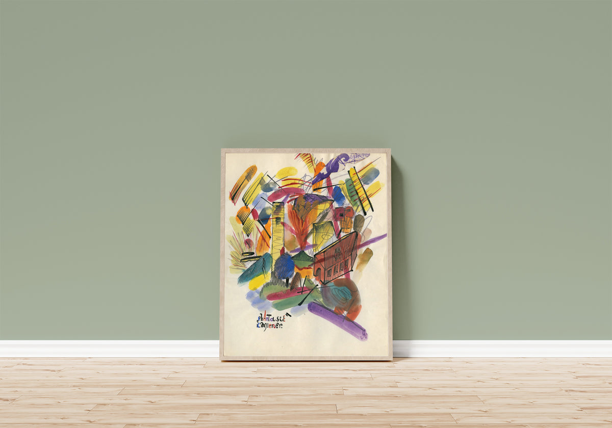 Framed art print of Phantasie (Fantasy) by Karl Wiener, in a light wood frame leaning on a sage green wall above a wooden floor