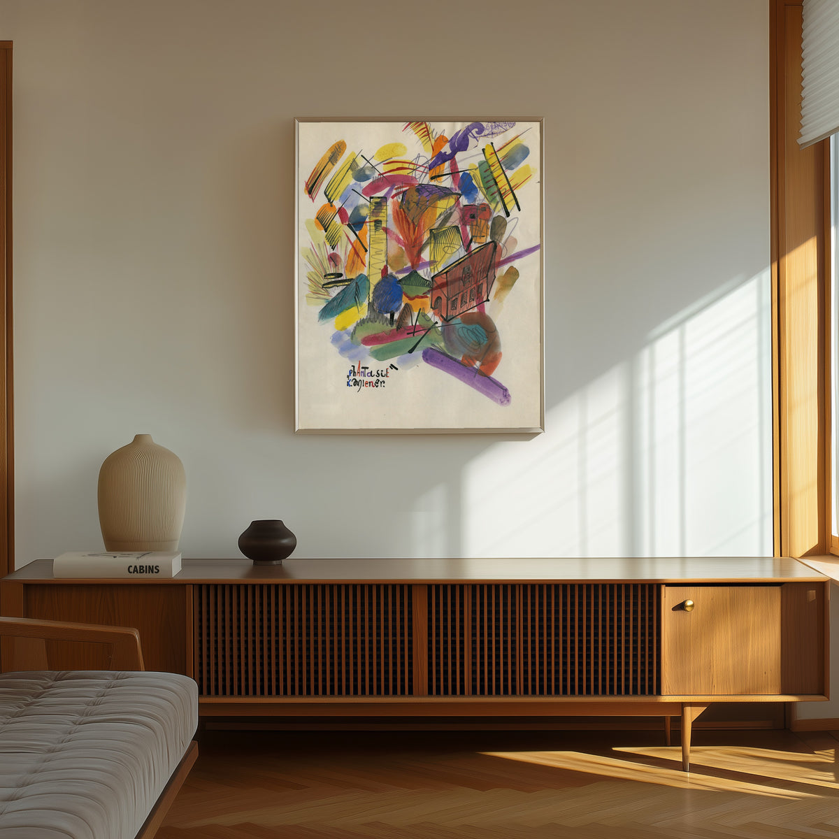 Framed art print of Phantasie (Fantasy) by Karl Wiener, in a thin light frame on a sunlit wall above a wooden sideboard