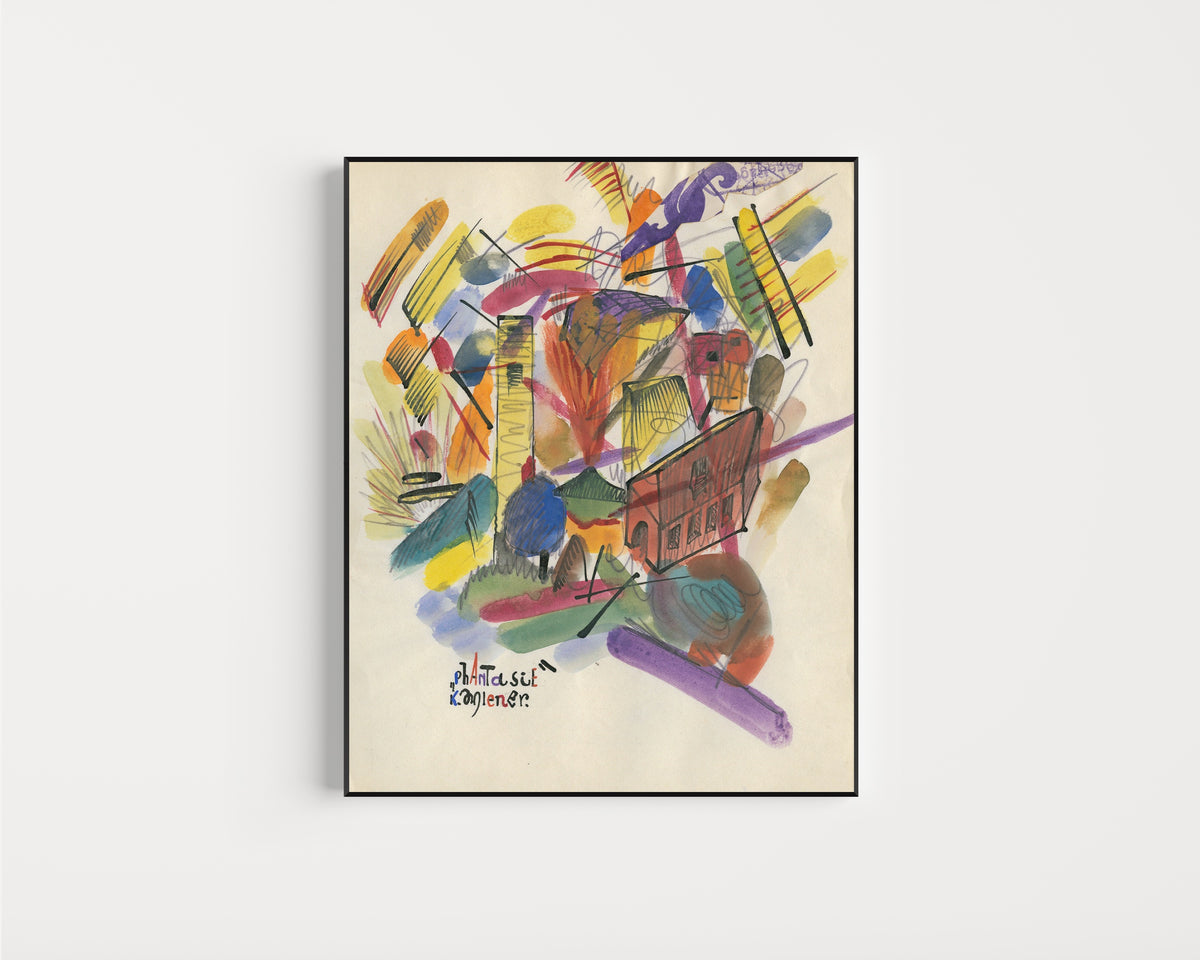 Framed art print of Phantasie (Fantasy) by Karl Wiener, in a slim black frame on a plain white wall