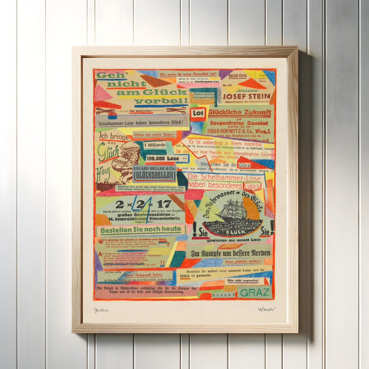 Framed art print of Plakat (Poster) by Karl Wiener, in a light wood frame on a white panelled wall