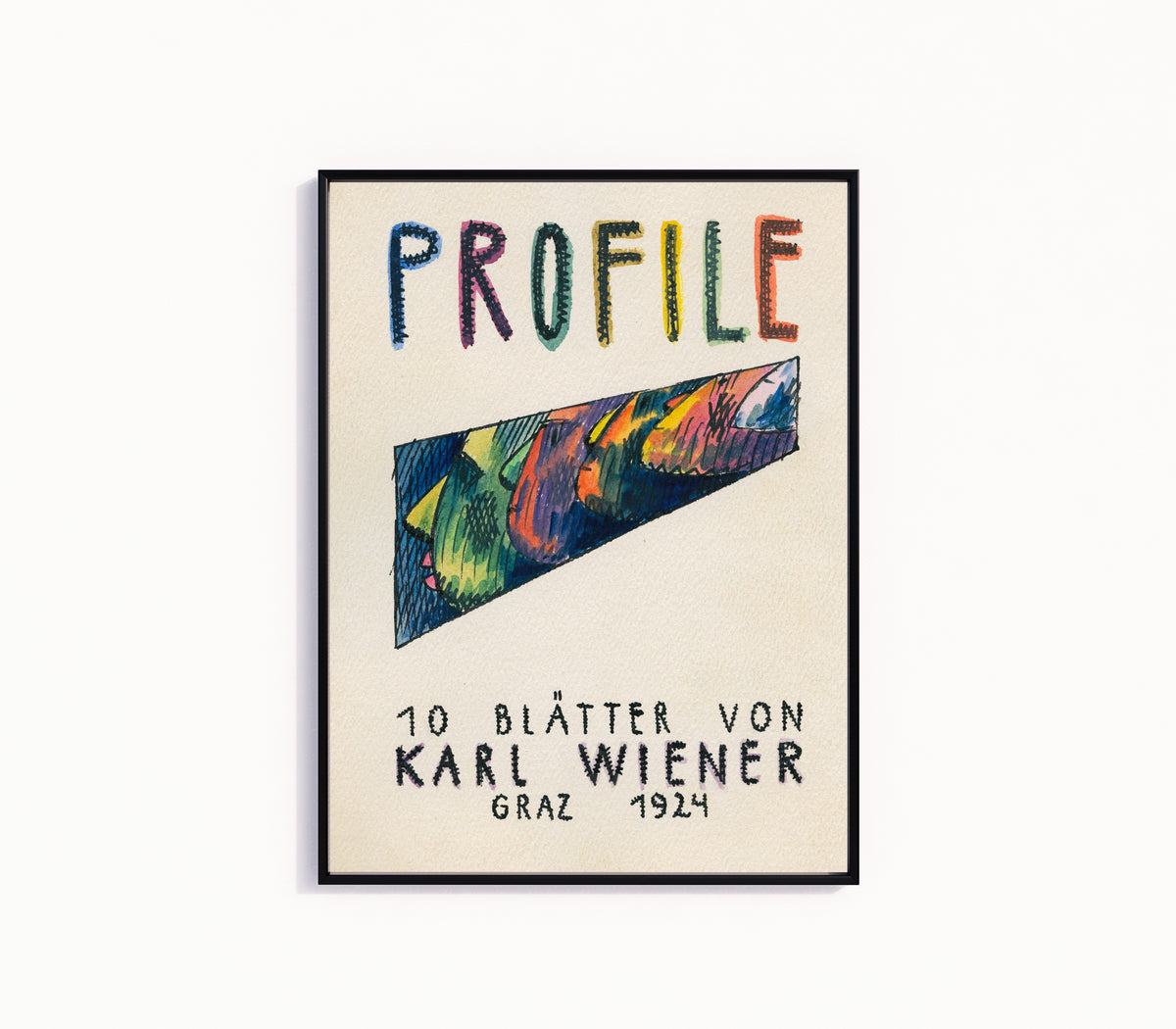 Framed art print of Profile, 10 Blätter (Profiles, Title Sheet) by Karl Wiener, in a slim black frame on a plain white wall