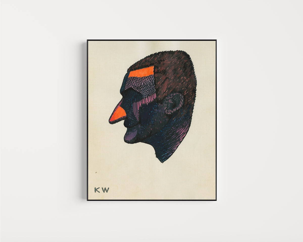 Framed art print of Profile Head Study No. 2 by Karl Wiener, in a slim black frame on a plain white wall