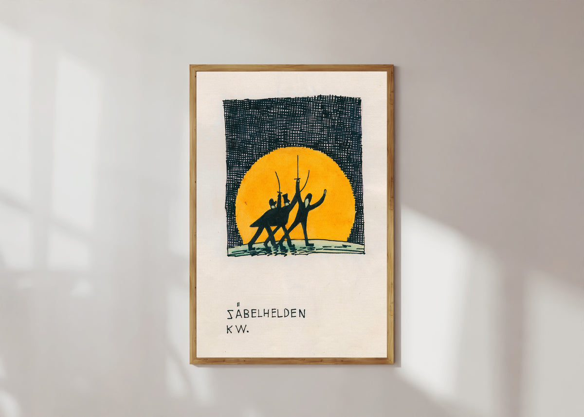 Framed art print of Säbelhelden (Sabre Heroes) by Karl Wiener, in a light wood frame on a sunlit white wall