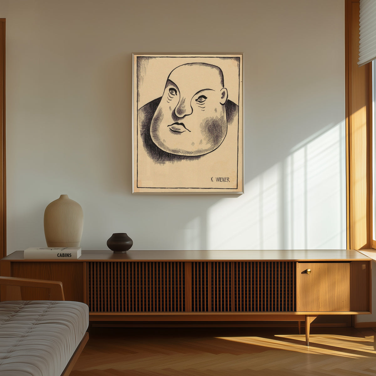 Framed art print of Spießbürger (Philistine) by Karl Wiener, in a thin light frame on a sunlit wall above a wooden sideboard