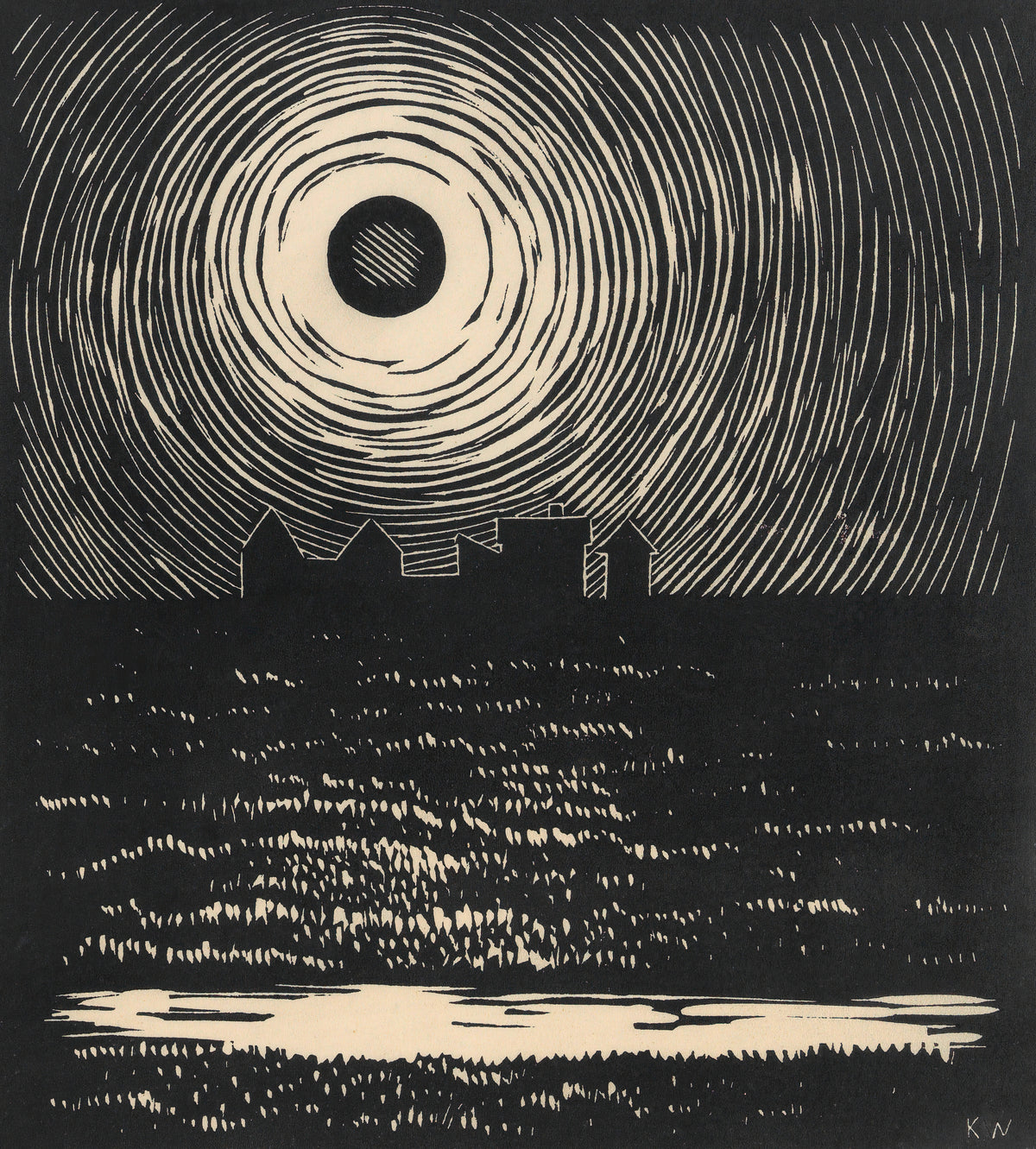 Sunset by Karl Wiener — A spiral sun hangs over a rooftop line and rippling black water