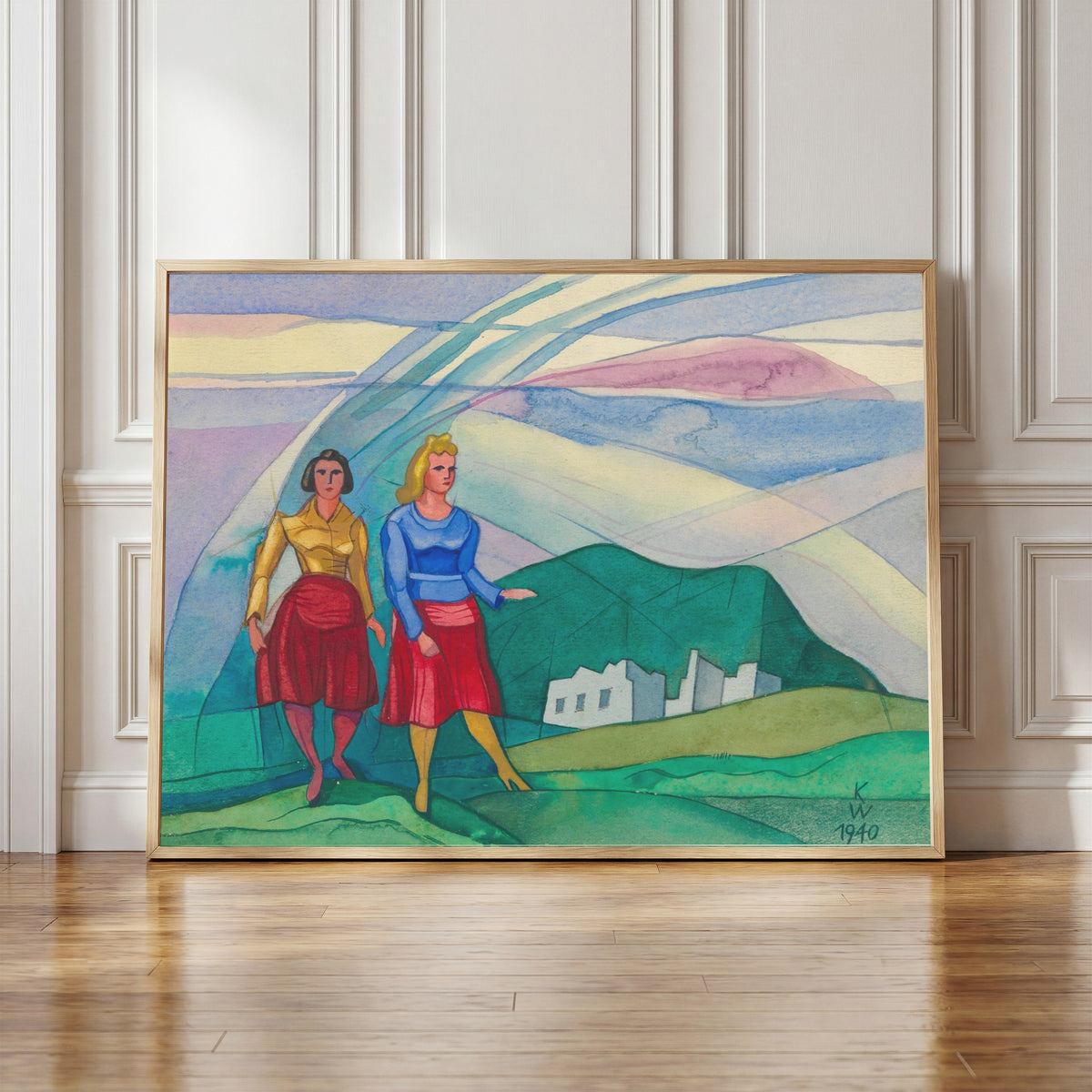 Framed art print of Untitled (from The 150 Sheets, No. 9) by Karl Wiener, in a light wood frame leaning against a panelled white wall