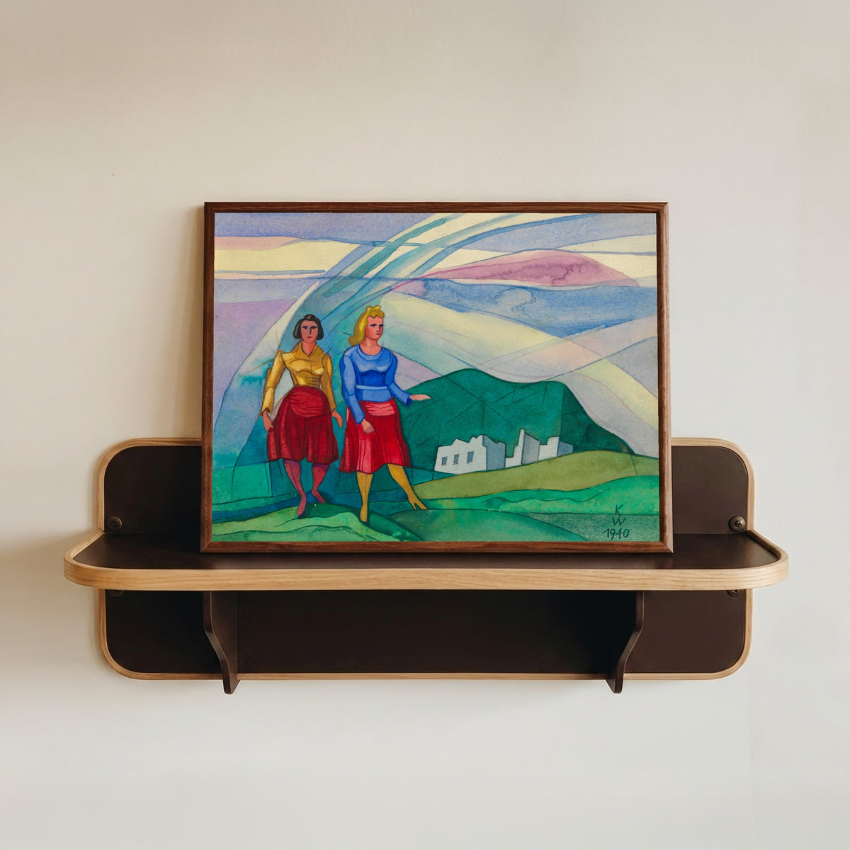 Framed art print of Untitled (from The 150 Sheets, No. 9) by Karl Wiener, in a dark wood frame resting on a wall shelf