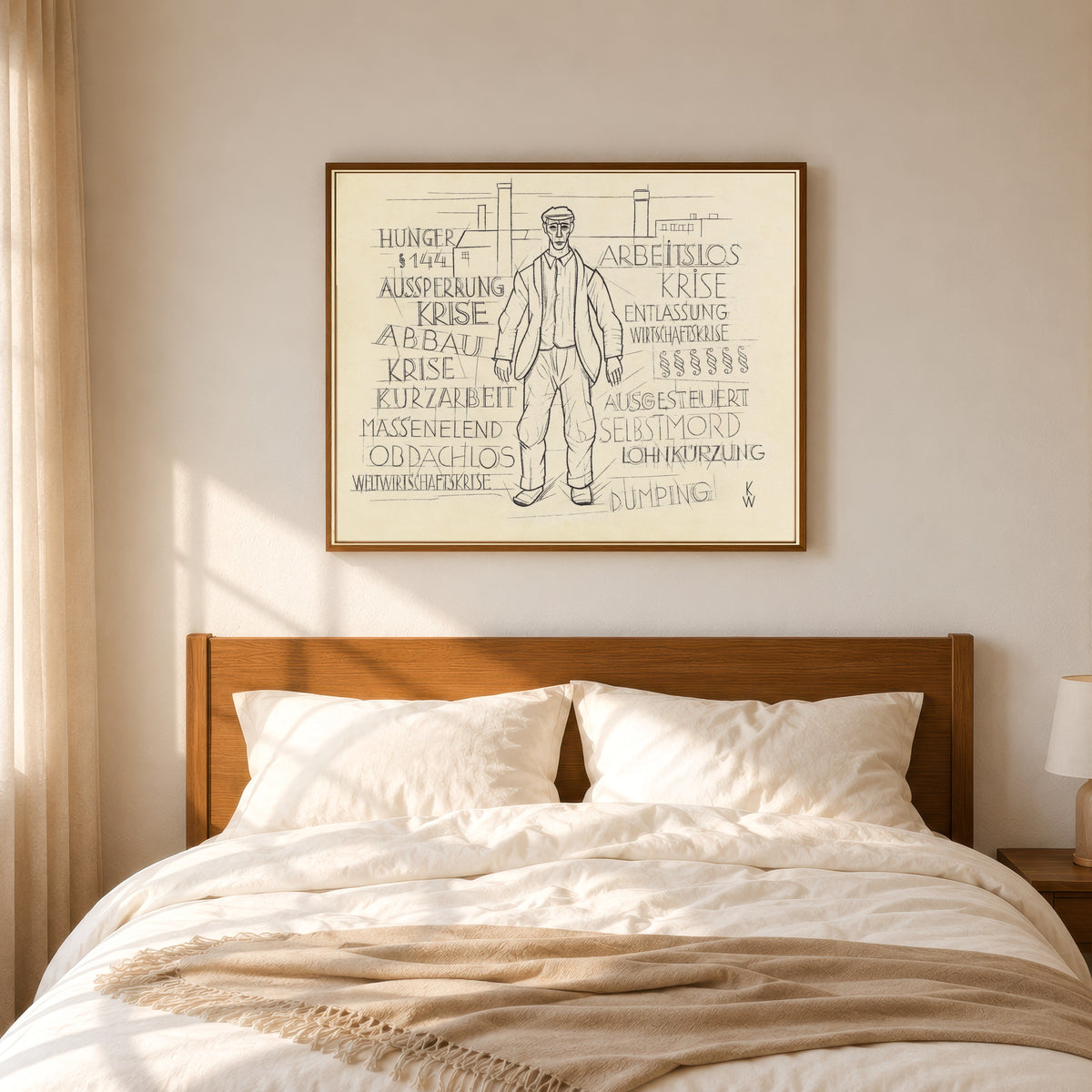 Framed art print of Untitled (Hunger, World Economic Crisis, Unemployed) by Karl Wiener, in a slim wood frame above a bed in a sunlit bedroom