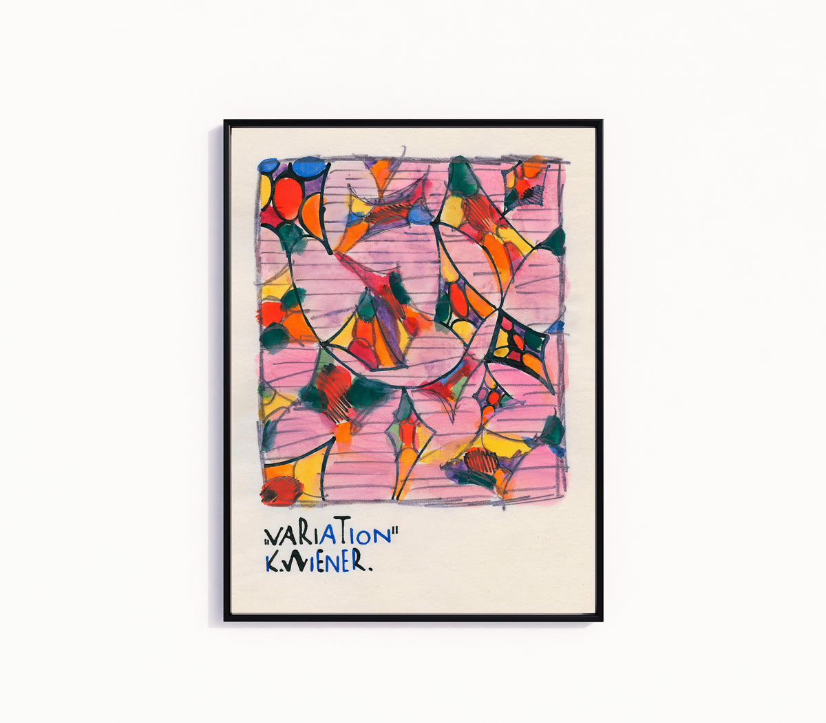 Framed art print of Variation by Karl Wiener, in a slim black frame on a plain white wall