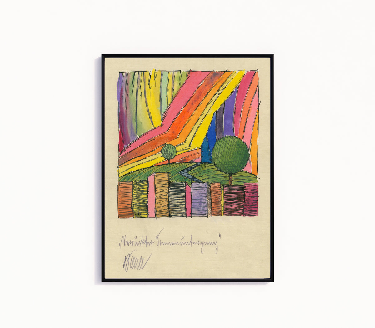 Framed art print of Verrückter Sonnenuntergang (Crazy Sunset) by Karl Wiener, in a slim black frame on a plain white wall