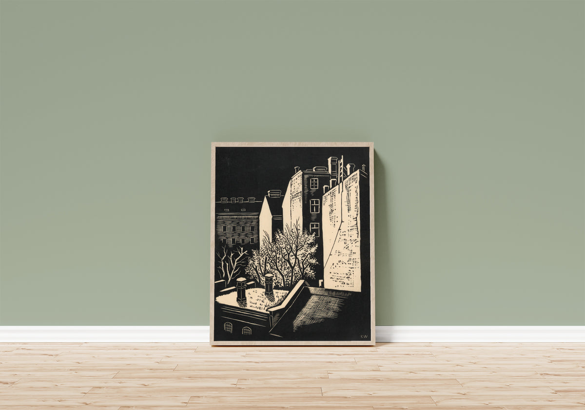 Framed art print of Vorstadtfrühling (Suburban Spring) by Karl Wiener, in a light wood frame leaning on a sage green wall above a wooden floor