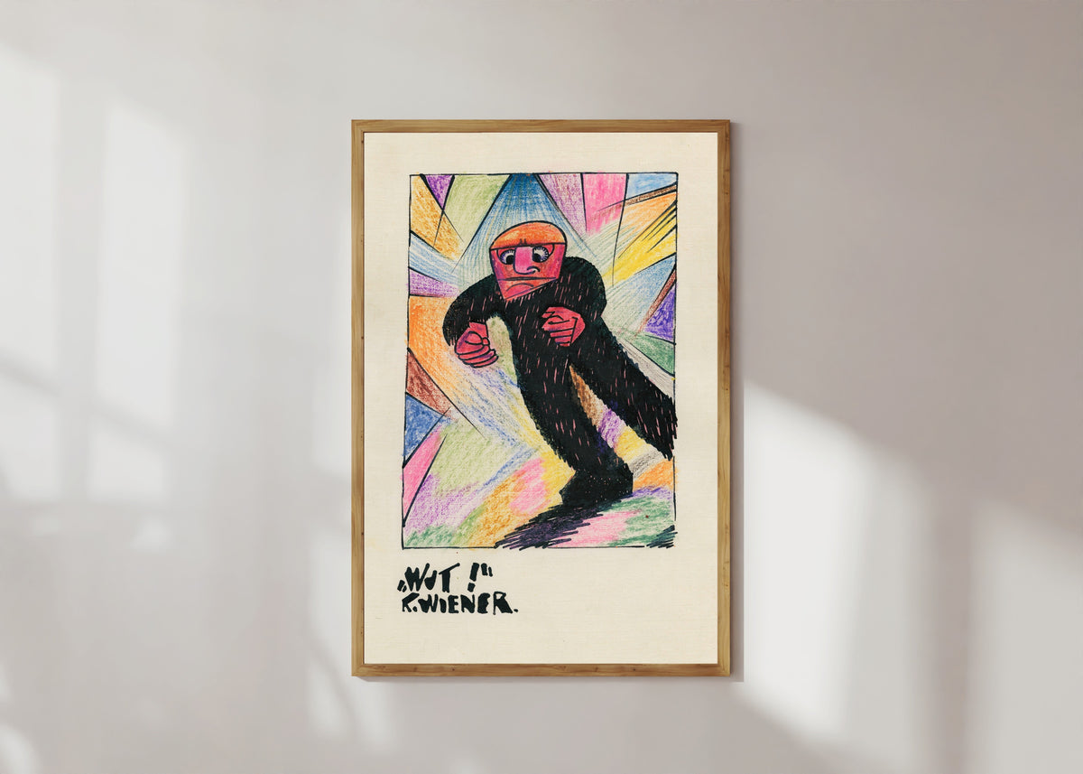 Framed art print of Wut! (Rage!) by Karl Wiener, in a light wood frame on a sunlit white wall
