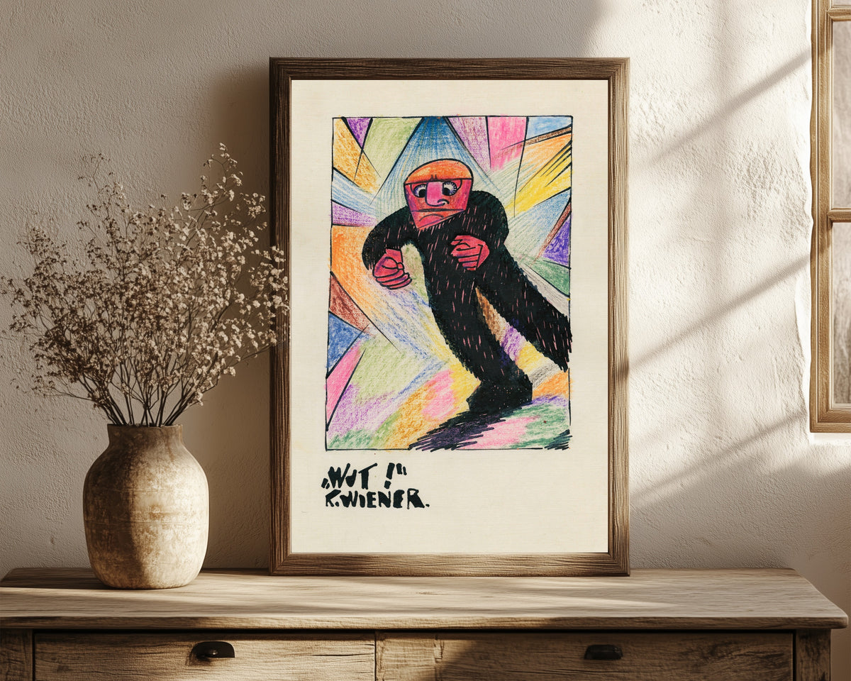 Framed art print of Wut! (Rage!) by Karl Wiener, in a dark wood frame leaning on a rustic console beside dried flowers
