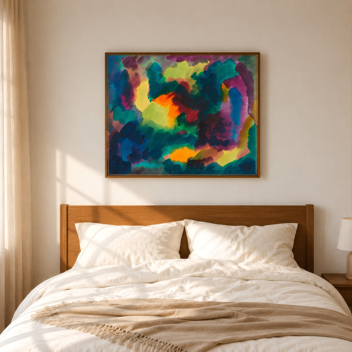 Framed art print of Zersetzung I (Decomposition I) by Karl Wiener, in a slim wood frame above a bed in a sunlit bedroom