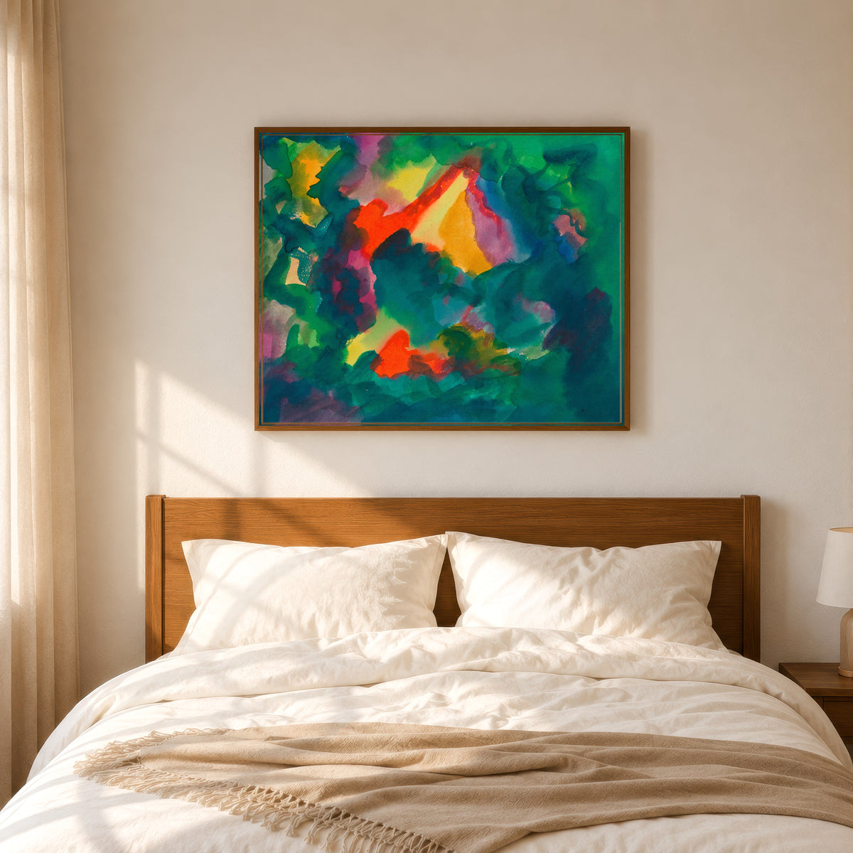 Framed art print of Zersetzung II (Decomposition II) by Karl Wiener, in a slim wood frame above a bed in a sunlit bedroom