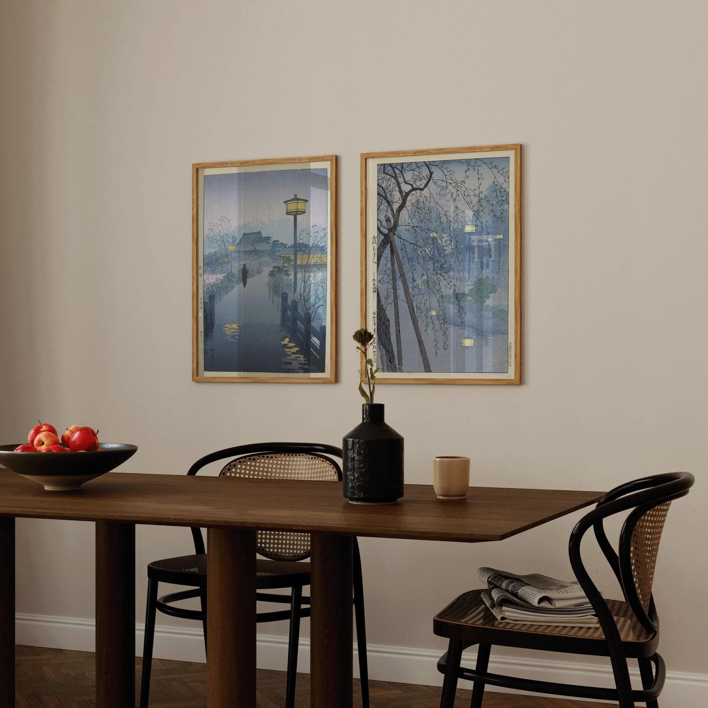 Kasamatsu Japanese Art Print Set: Rain & Evening Pond, Blue Vintage Art - 9ArtPrints