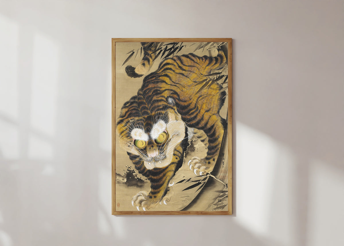 Framed art print of Tiger by Katayama Yokoku, in a light wood frame on a sunlit white wall