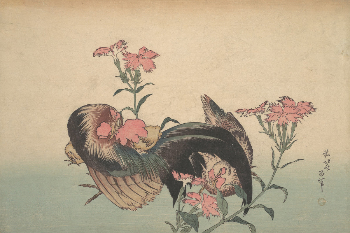 Katsushika Hokusai — Cock, Hen, and Nadeshiko (Dianthus Superbus) | Japanese Woodblock Print (Ukiyo-e)