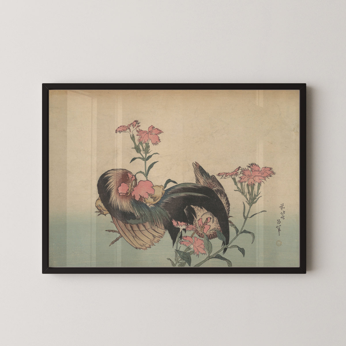 Katsushika Hokusai — Cock, Hen, and Nadeshiko (Dianthus Superbus) | Japanese Woodblock Print (Ukiyo-e)