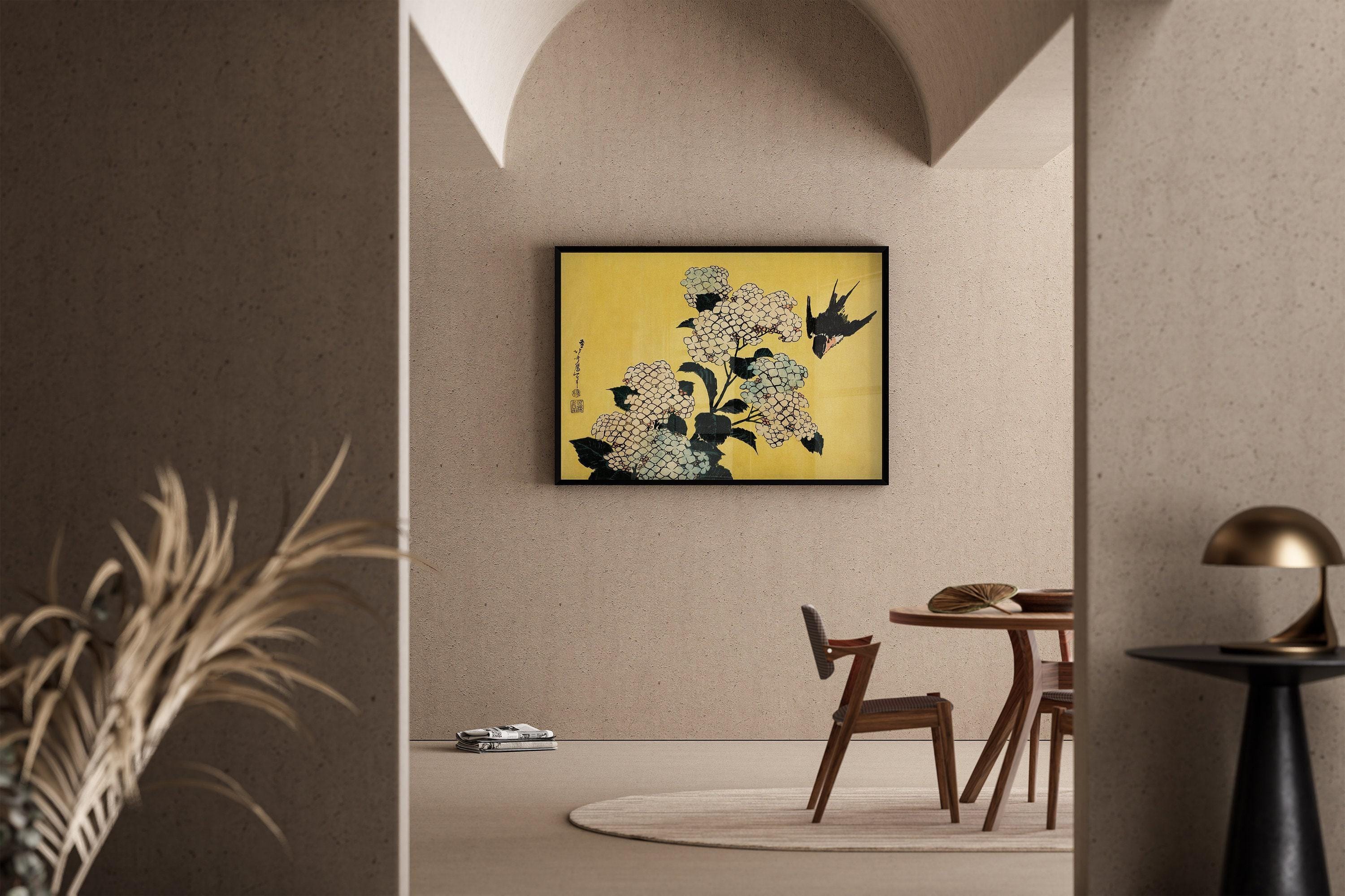Katsushika Hokusai - Hydrangeas and Swallow | PREMIUM GICLÉE PRINT | Our Most Gorgeous Japanese Vintage Painting in Yellow available framed - 9ArtPrints