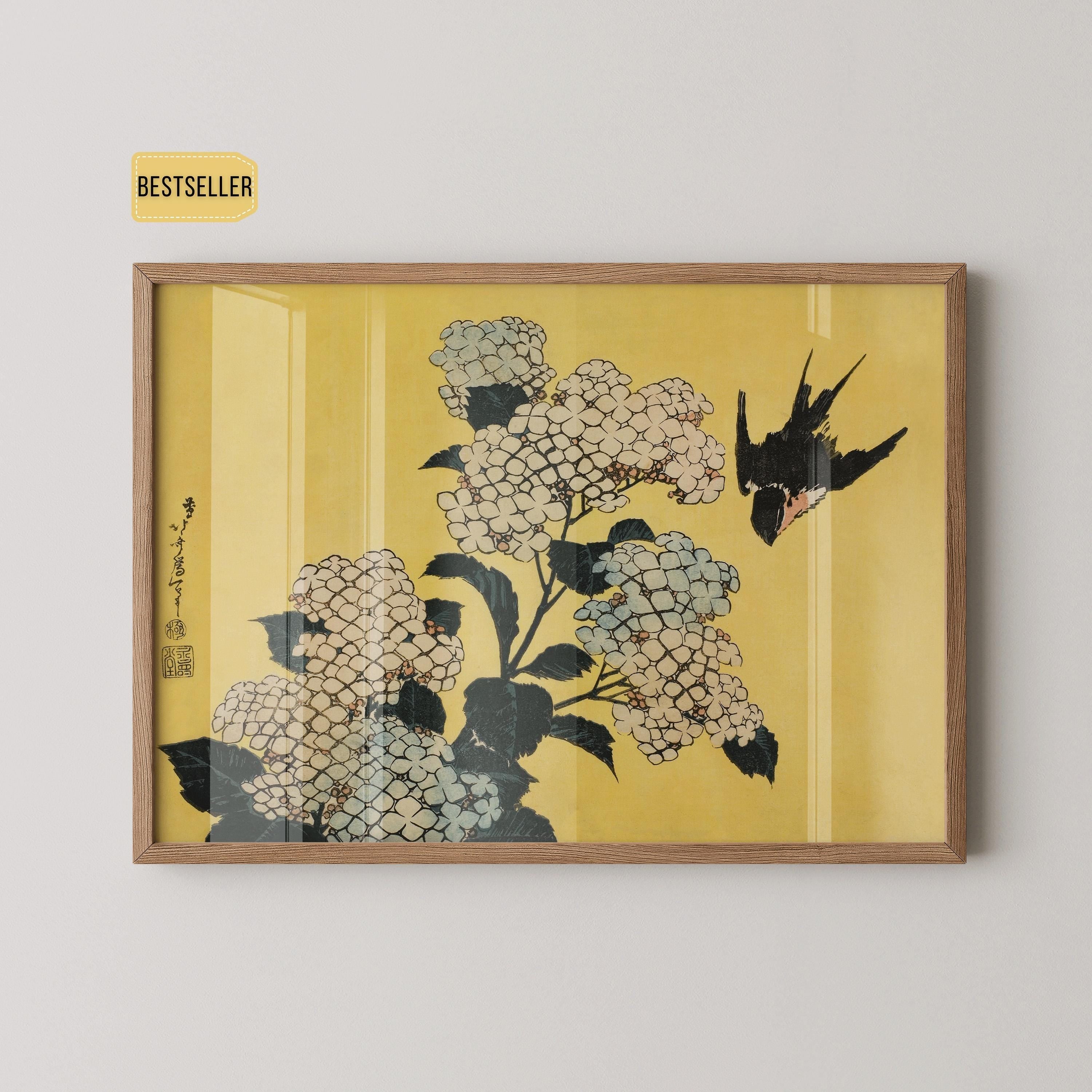 Katsushika Hokusai - Hydrangeas and Swallow | PREMIUM GICLÉE PRINT | Our Most Gorgeous Japanese Vintage Painting in Yellow available framed - 9ArtPrints