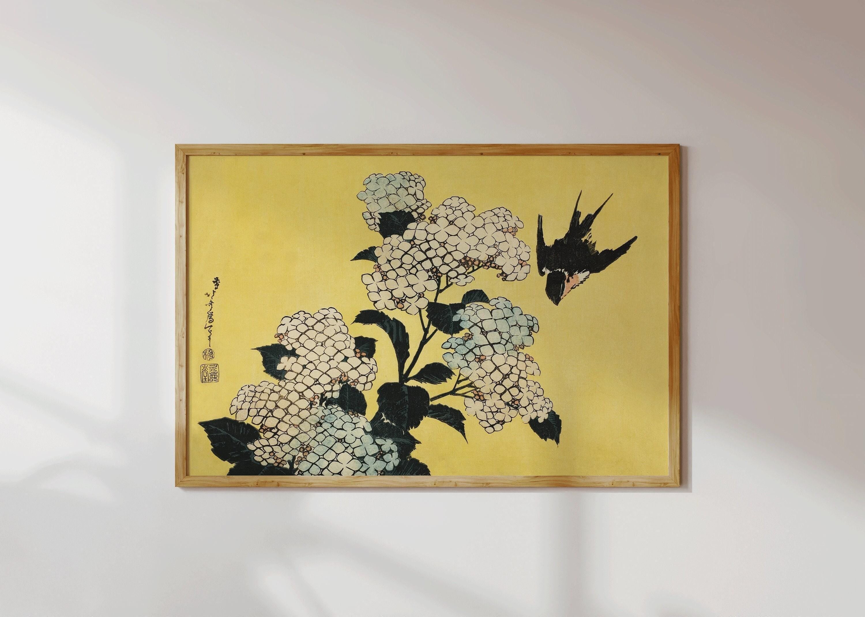 Katsushika Hokusai - Hydrangeas and Swallow | PREMIUM GICLÉE PRINT | Our Most Gorgeous Japanese Vintage Painting in Yellow available framed - 9ArtPrints