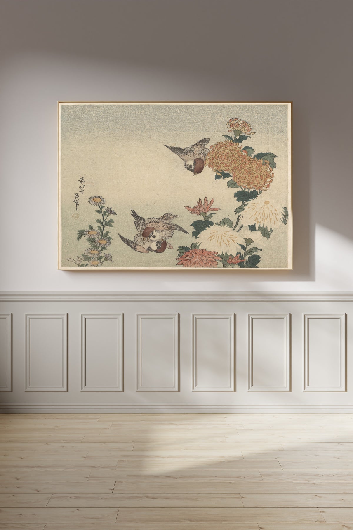 Katsushika Hokusai — Sparrows and Chrysanthemums | Japanese Woodblock Print (Ukiyo-e)