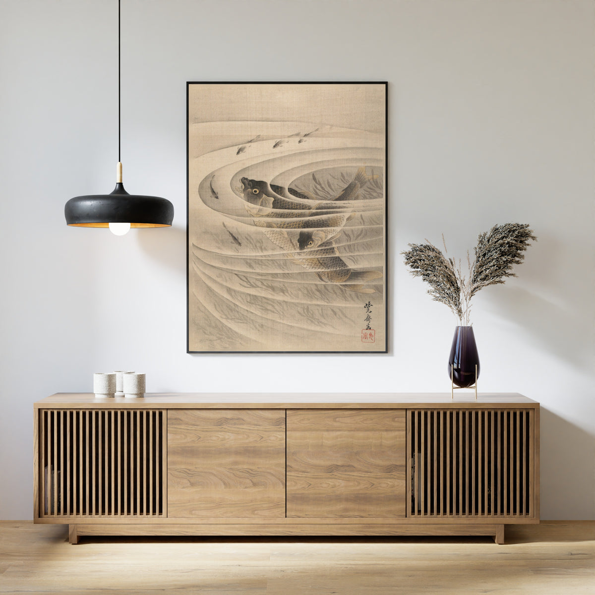 Carp (Koi-zu) by Kawanabe Kyosai — framed above a slatted wood sideboard