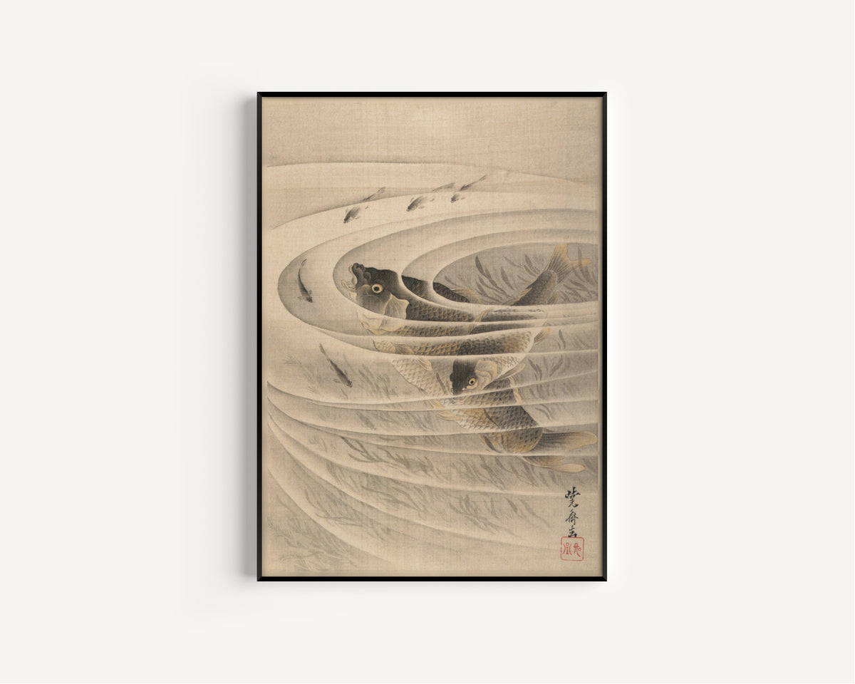 Carp (Koi-zu) by Kawanabe Kyosai — in a slim black frame on a plain white wall