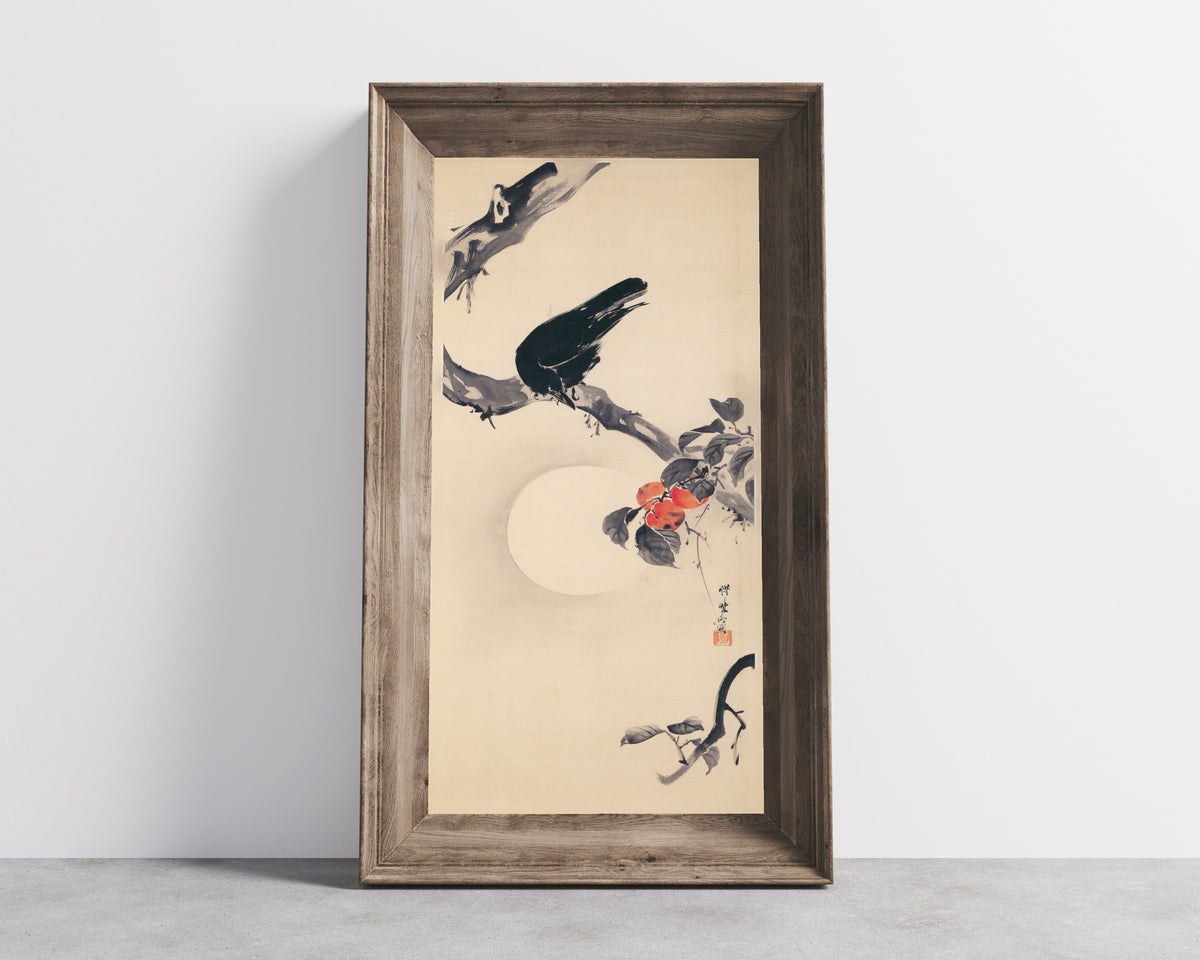 Crow on a Persimmon Branch by Kawanabe Kyosai — shown framed on a wall