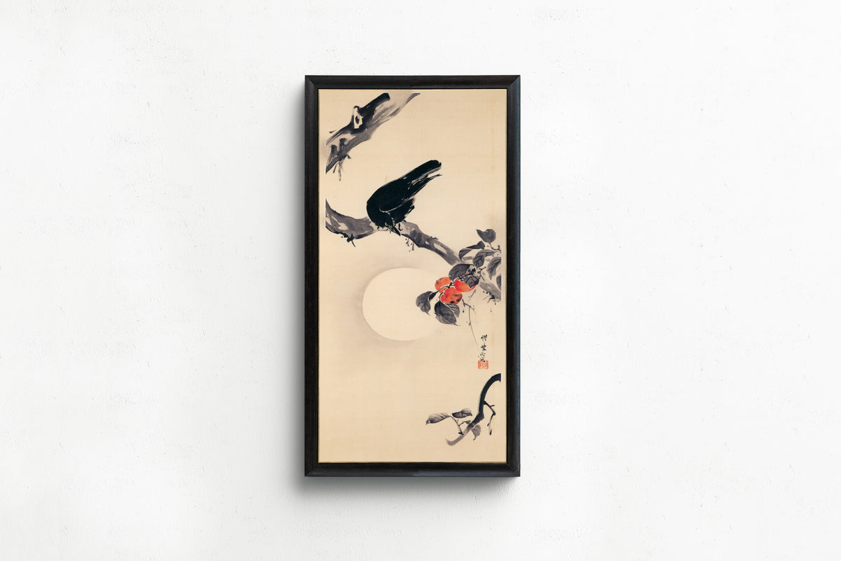 Crow on a Persimmon Branch by Kawanabe Kyosai — shown framed on a wall