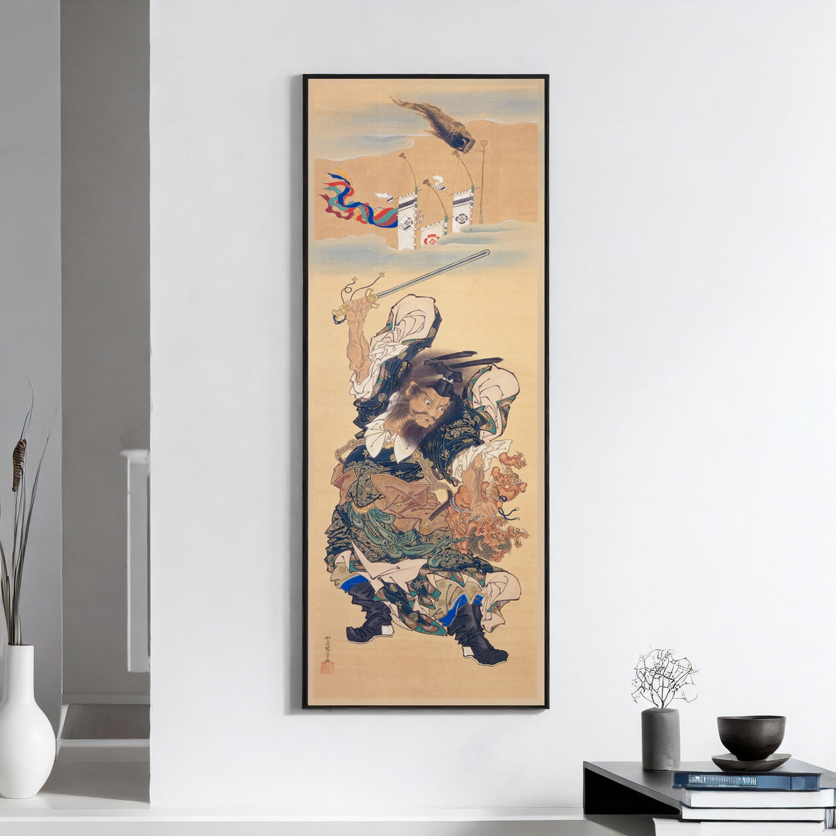 Shōki on a Banner by Kawanabe Kyosai — framed on a white wall above books and a bowl