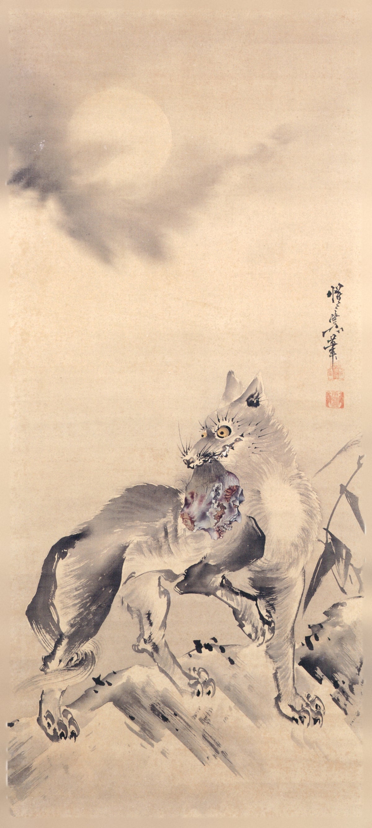 Wolf under the Moon by Kawanabe Kyosai — A wolf on a moonlit rocky slope grips a torn mass in its jaws